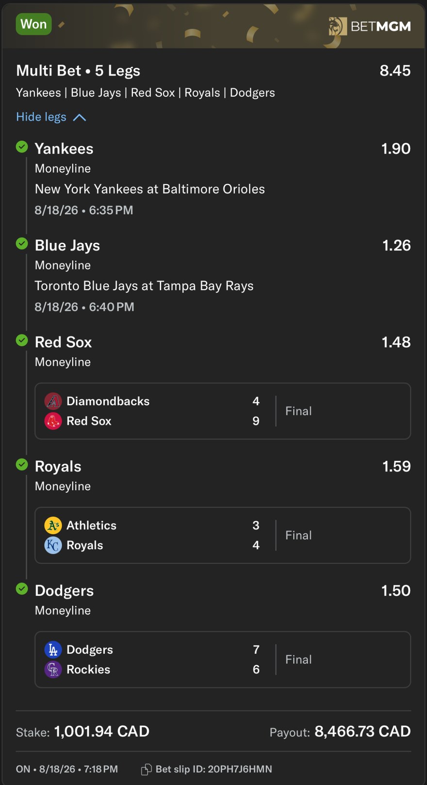 BetMGM bet slip, $1,001.94 returned $8,466.73