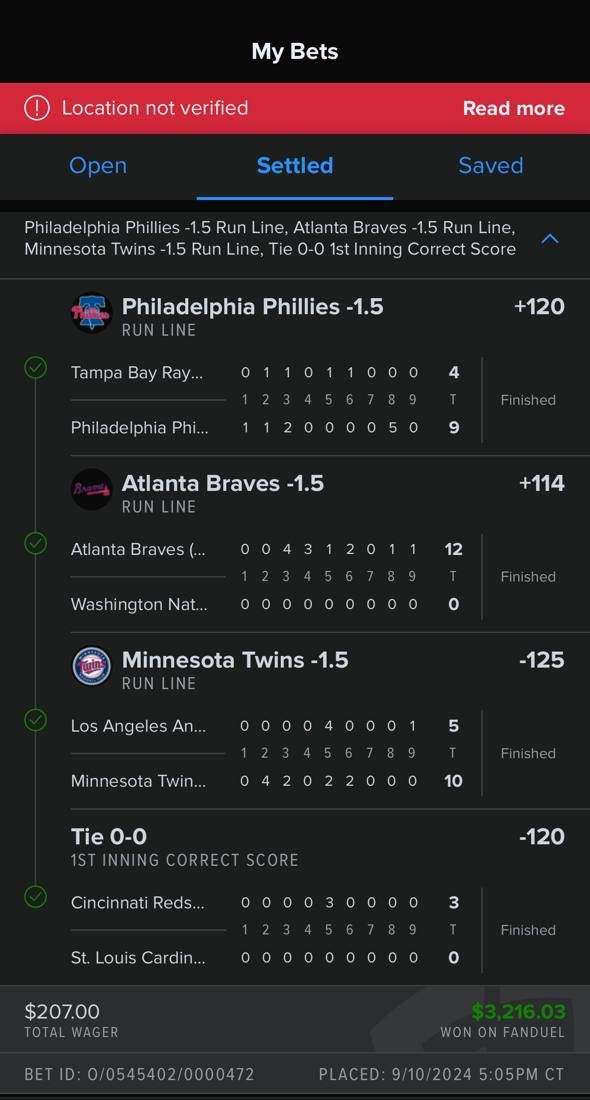 FanDuel bet slip, $207 returned $3,216.03