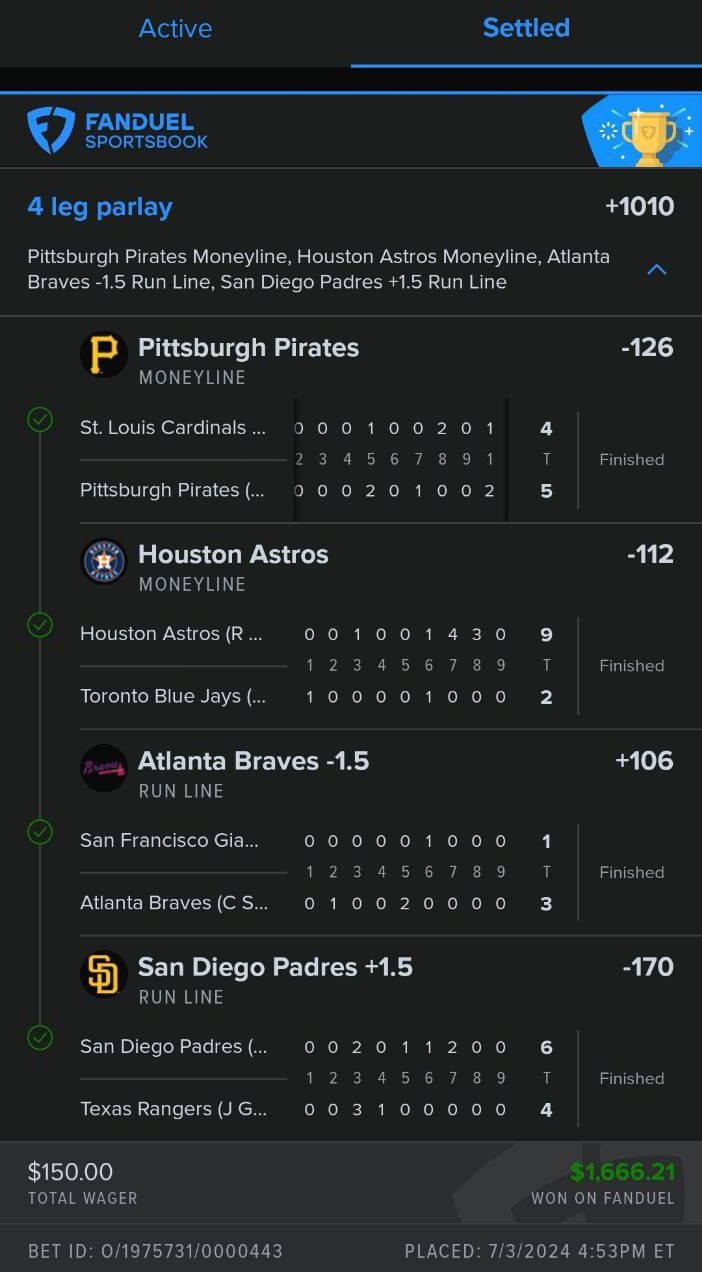 FanDuel bet slip, $150 returned $1,666.21