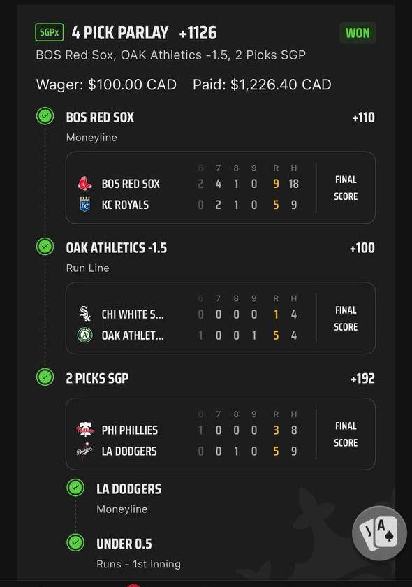 DraftKings bet slip, $100 returned $1,226.40