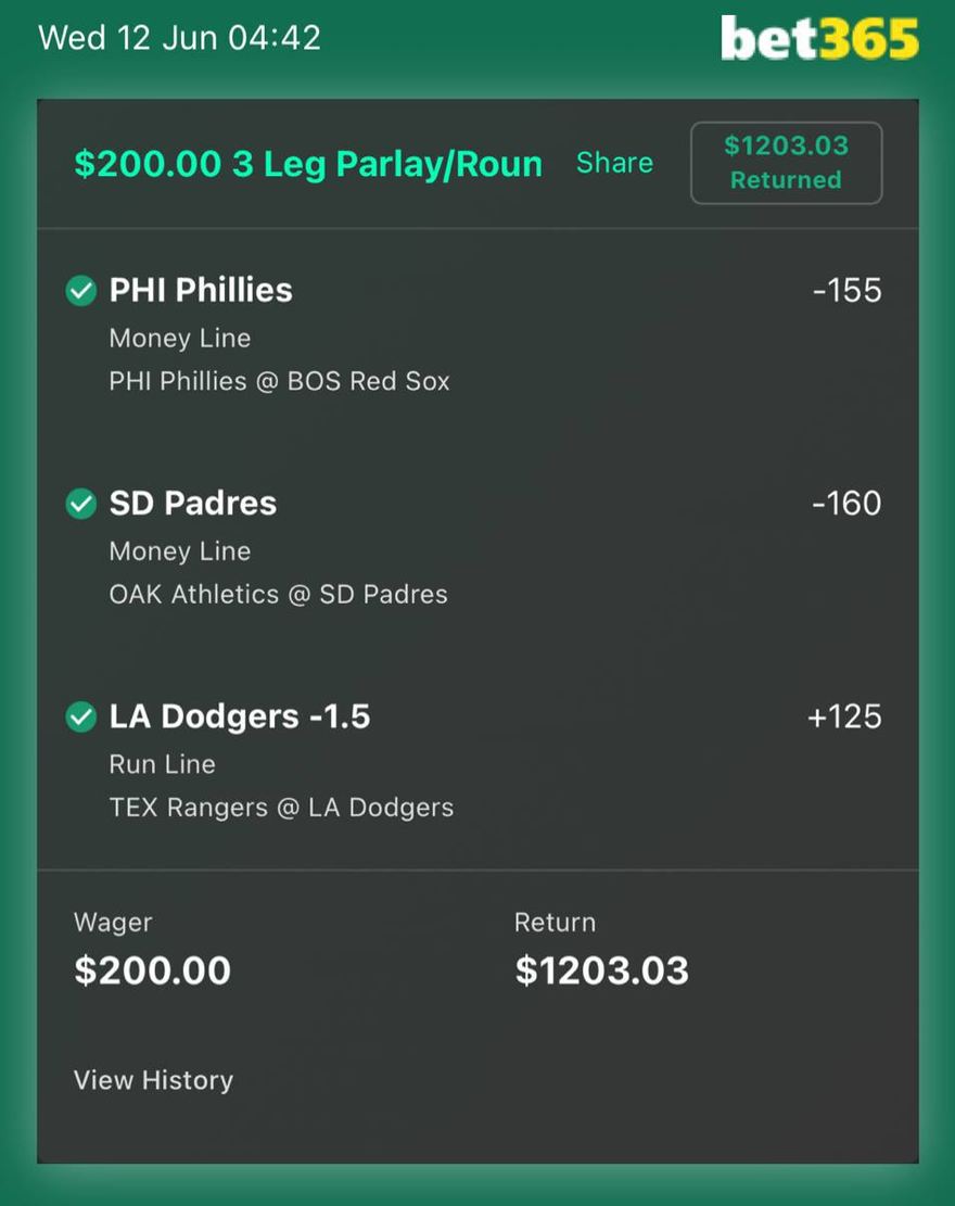 bet365 bet slip, $200 returned $1,203.03