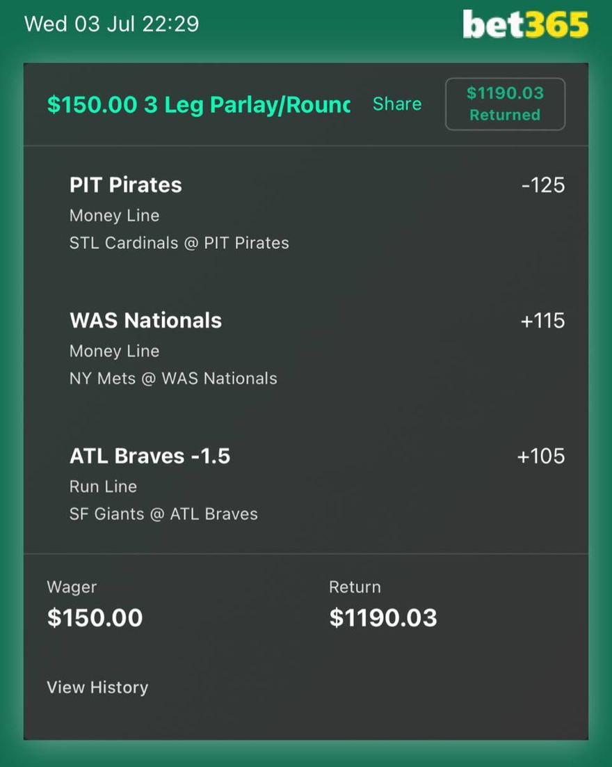 bet365 bet slip, $150 returned $1,190.03