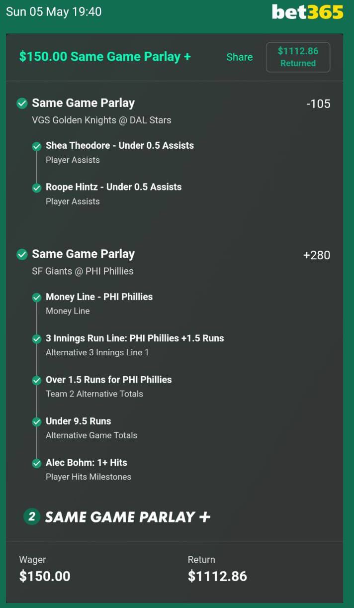 bet365 bet slip, $150 returned $1,112.86