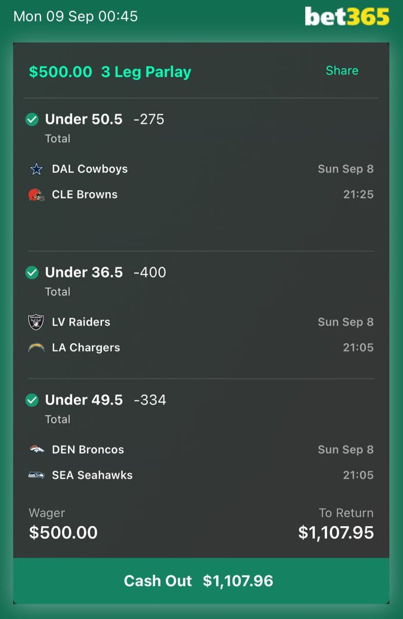 bet365 bet slip, $500 returned $1,107.95