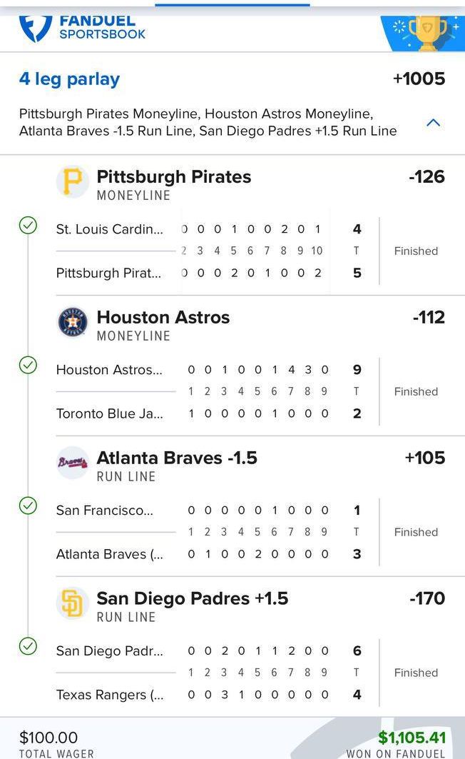 FanDuel bet slip, $100 returned $1,105.41