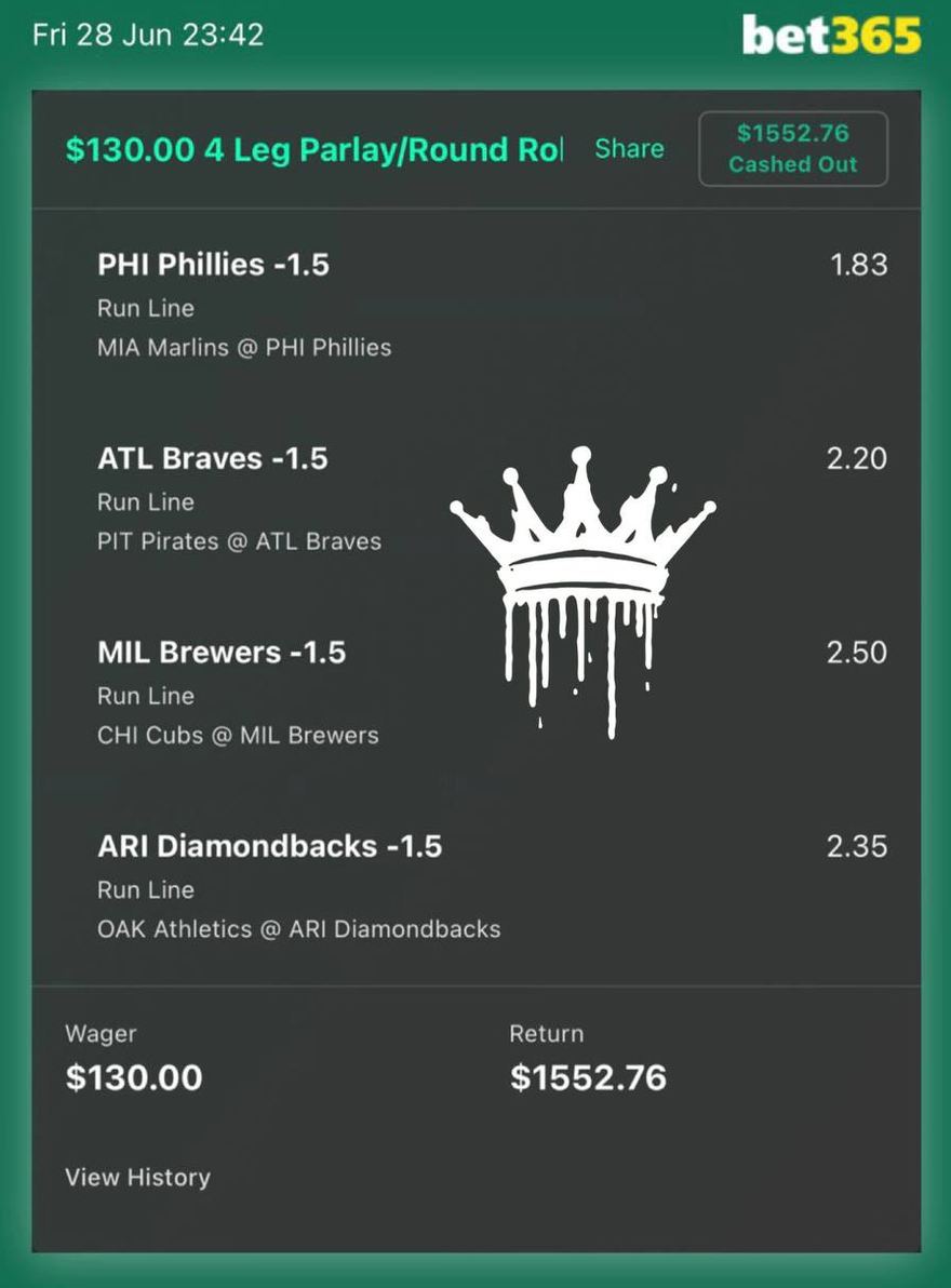 bet365 bet slip, $130 returned $1,552.76