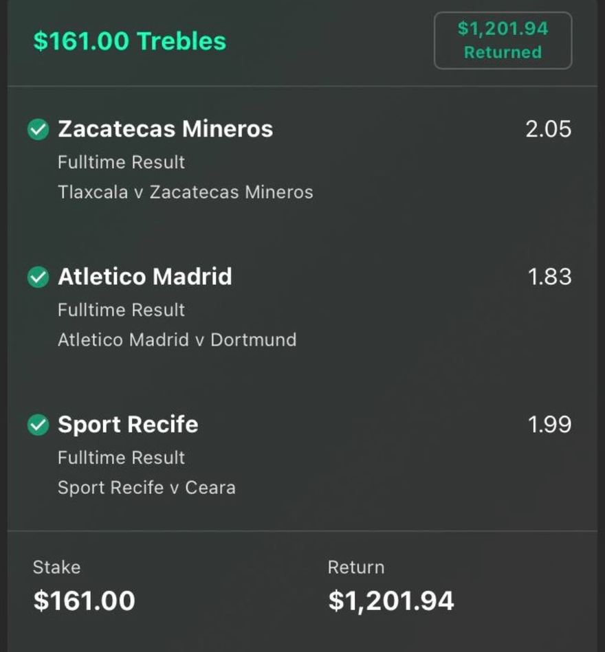 bet365 bet slip, $161 returned $1,201.94