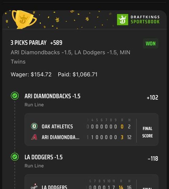DraftKings bet slip, $154.72 returned $1,066.71