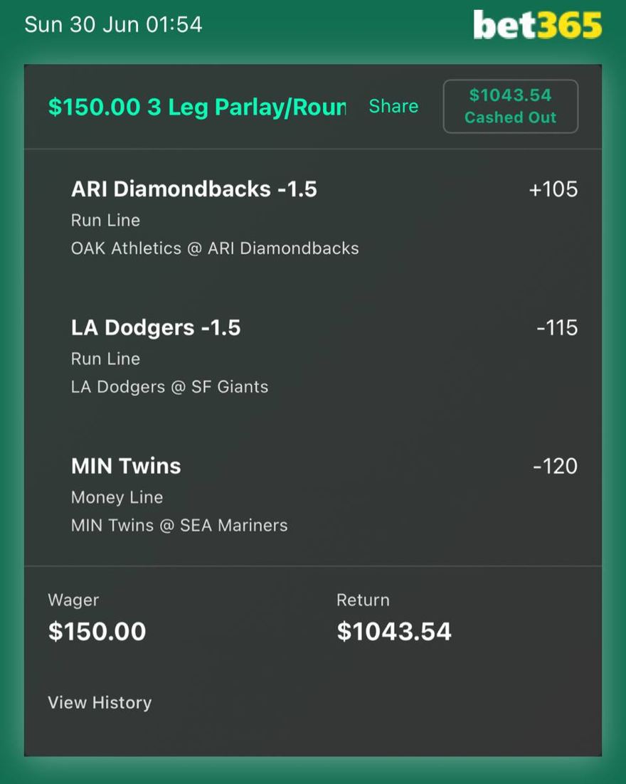 bet365 bet slip, $150 returned $1,043.54