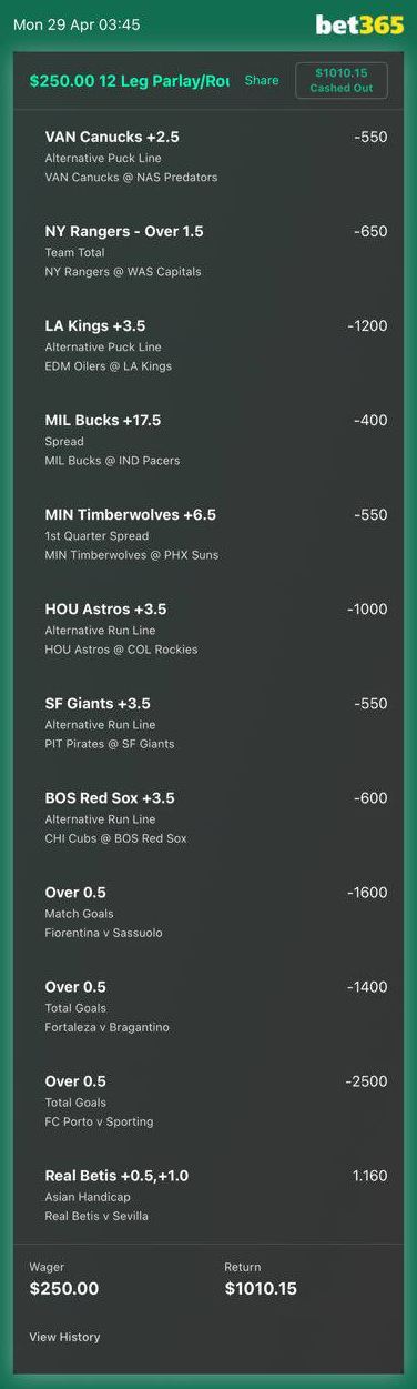 bet365 bet slip, $250 returned $1,010.15