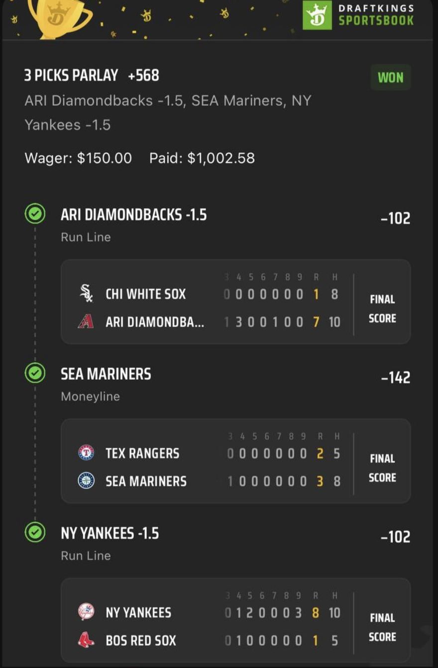 DraftKings bet slip, $150 returned $1,002.58