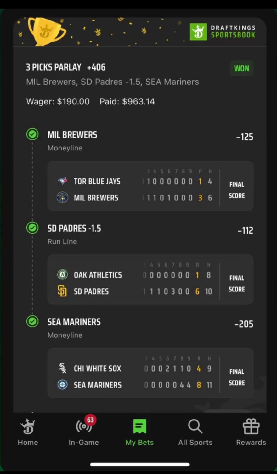 DraftKings bet slip, $190 returned $963.14
