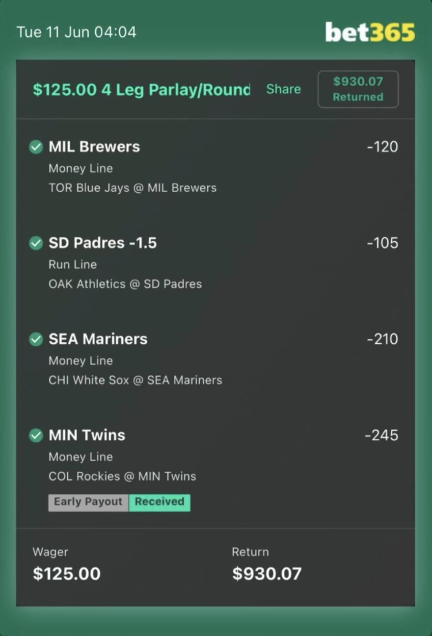 bet365 bet slip, $125 returned $930.07