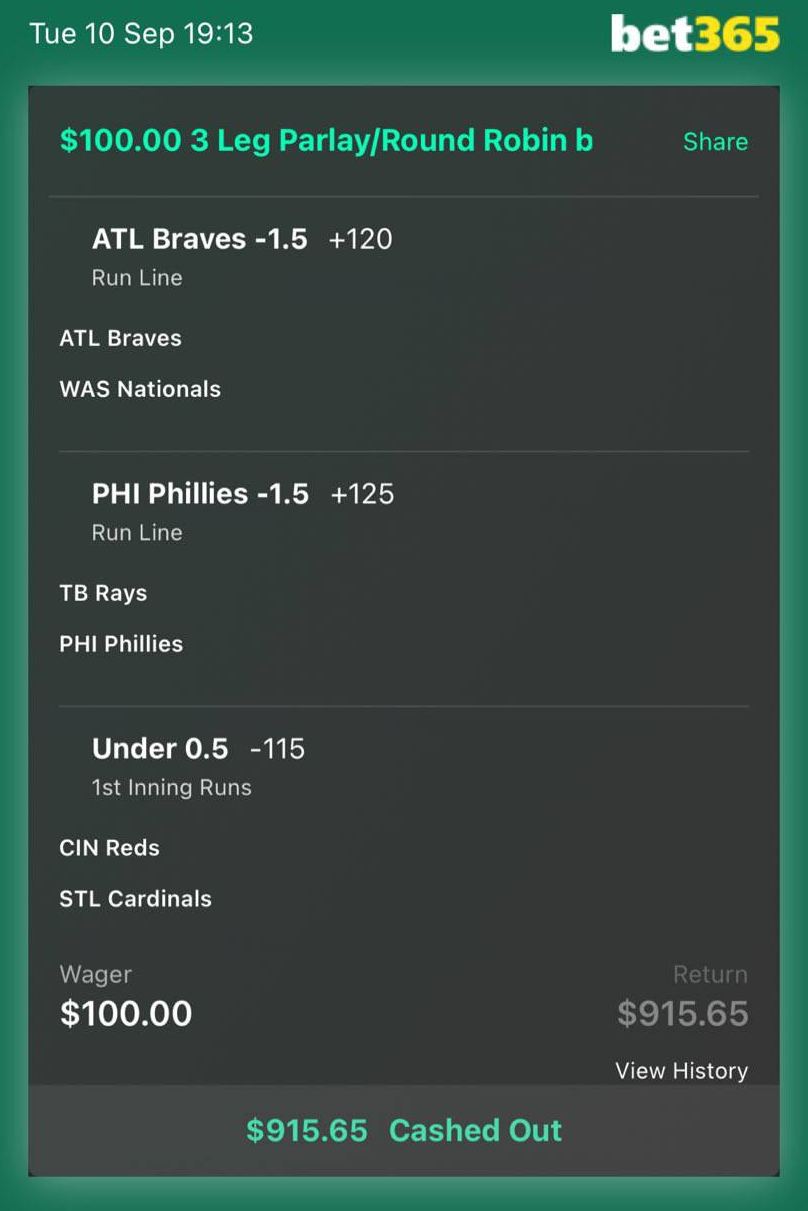 bet365 bet slip, $100 returned $915.65