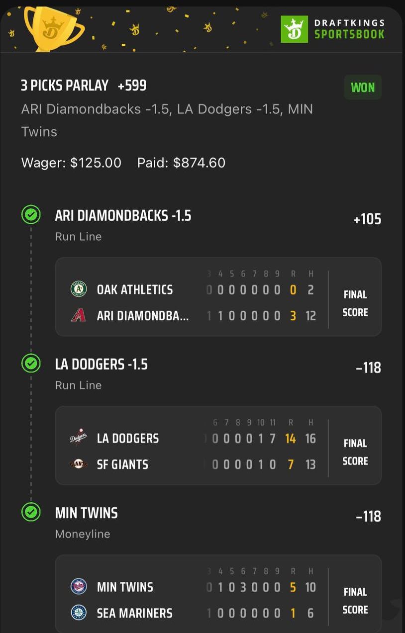 DraftKings bet slip, $125 returned $874.60