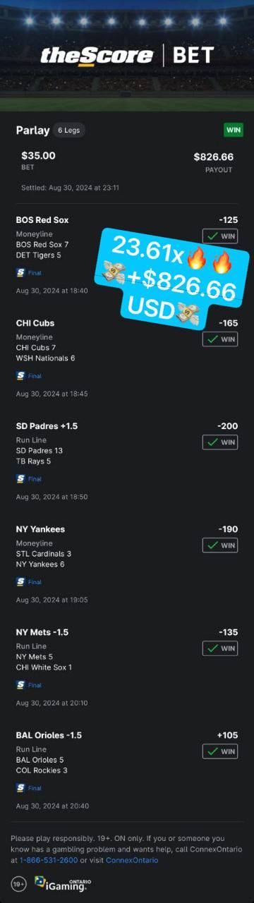 theScore Bet bet slip, $35 returned $826.66