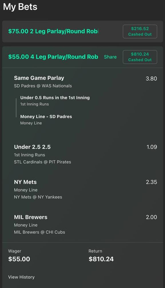 bet365 bet slip, $55 returned $810.24