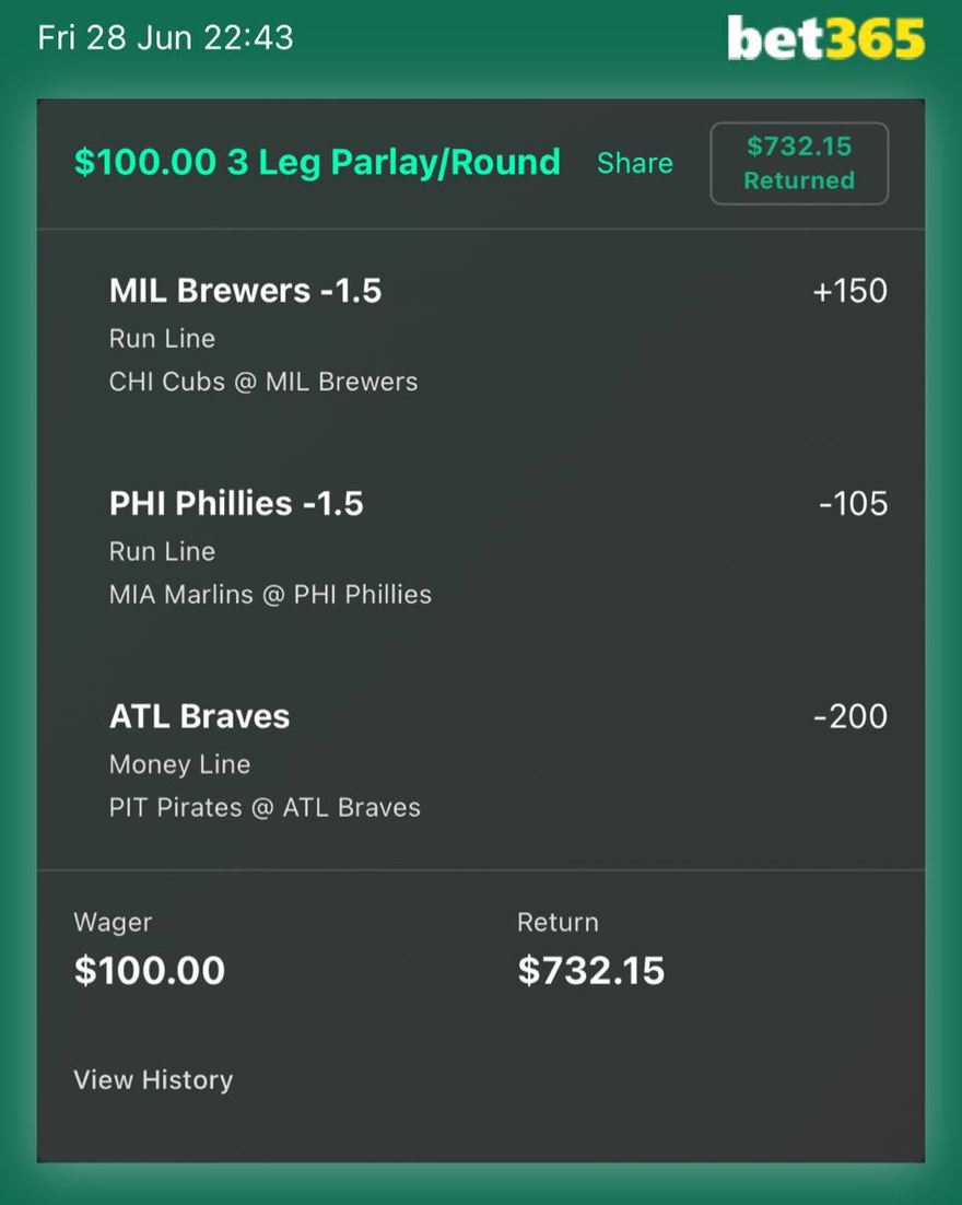 bet365 bet slip, $100 returned $732.15