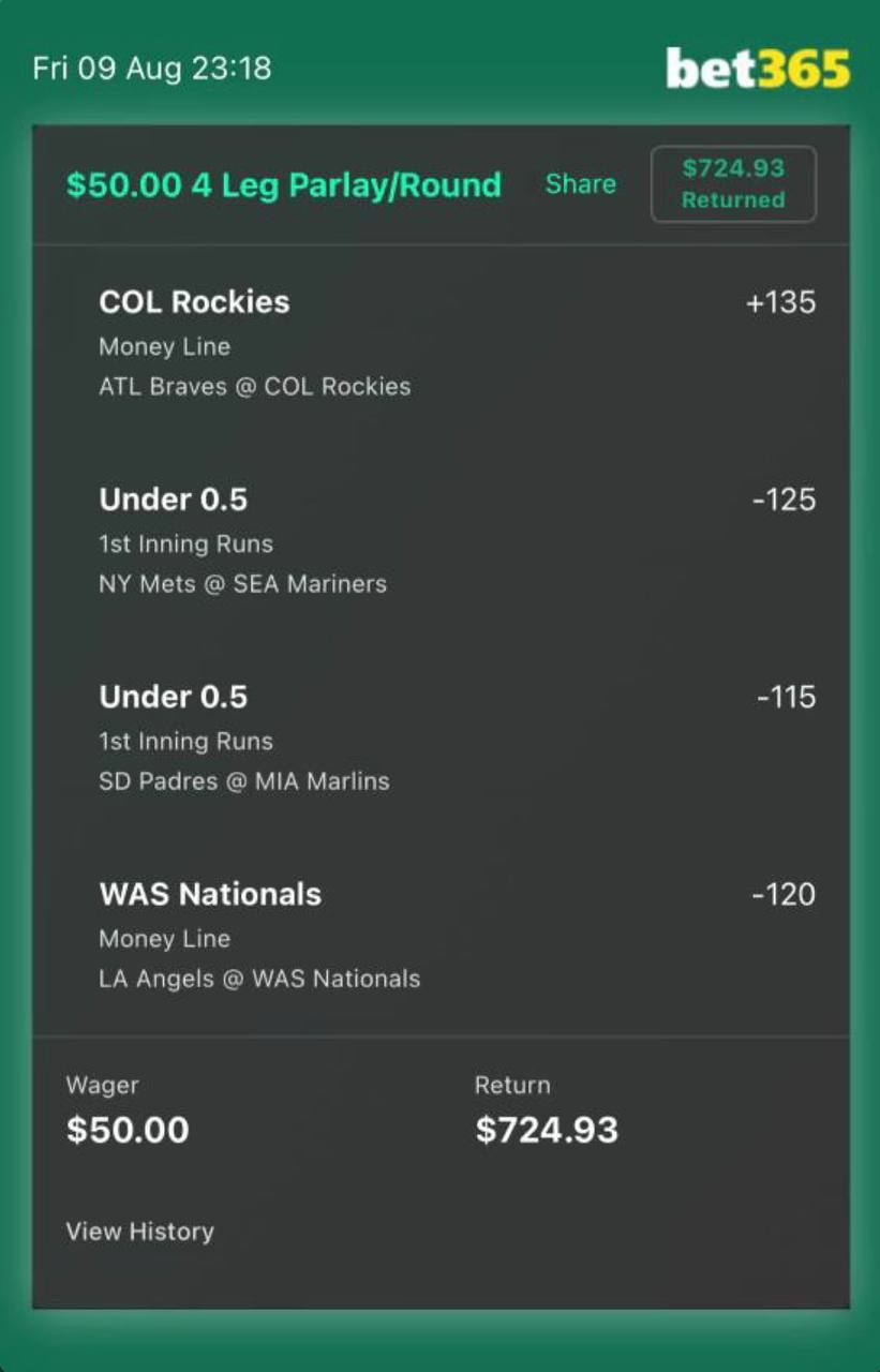 bet365 bet slip, $50 returned $724.93