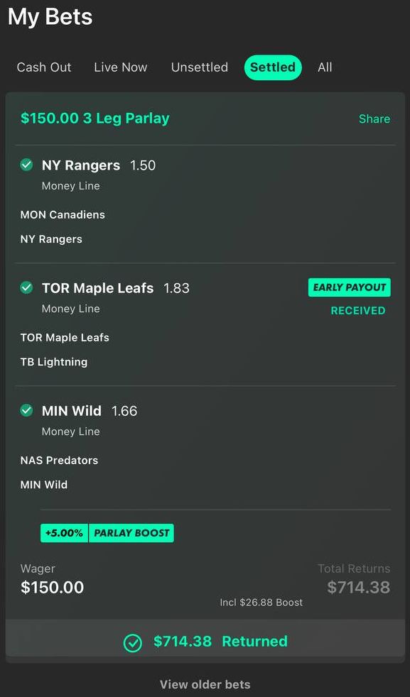 bet365 bet slip, $150 returned $714.38