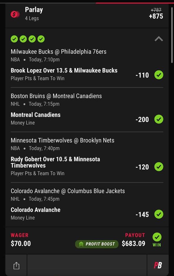 PointsBet bet slip, $70 returned $683.09