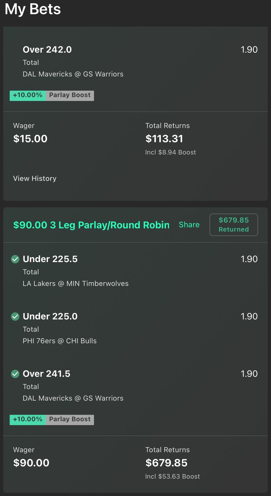 bet365 bet slip, $90 returned $679.85