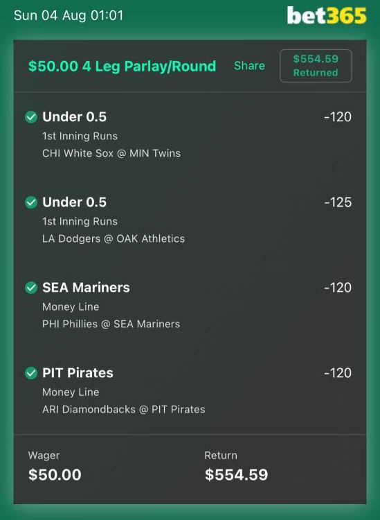 bet365 bet slip, $50 returned $554.59