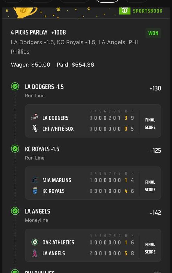 DraftKings bet slip, $50 returned $554.36