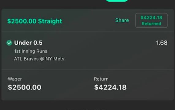 bet365 bet slip, $2,500 returned $4,224.18