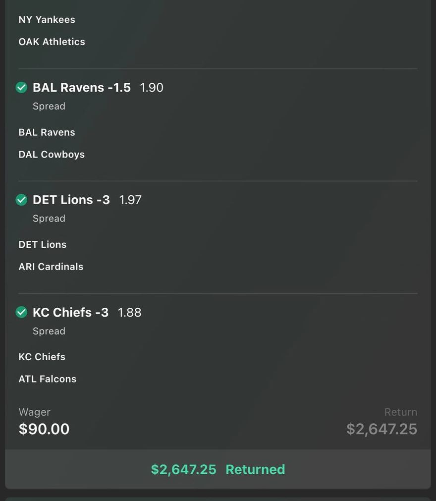 bet365 bet slip, $90 returned $2,647.25