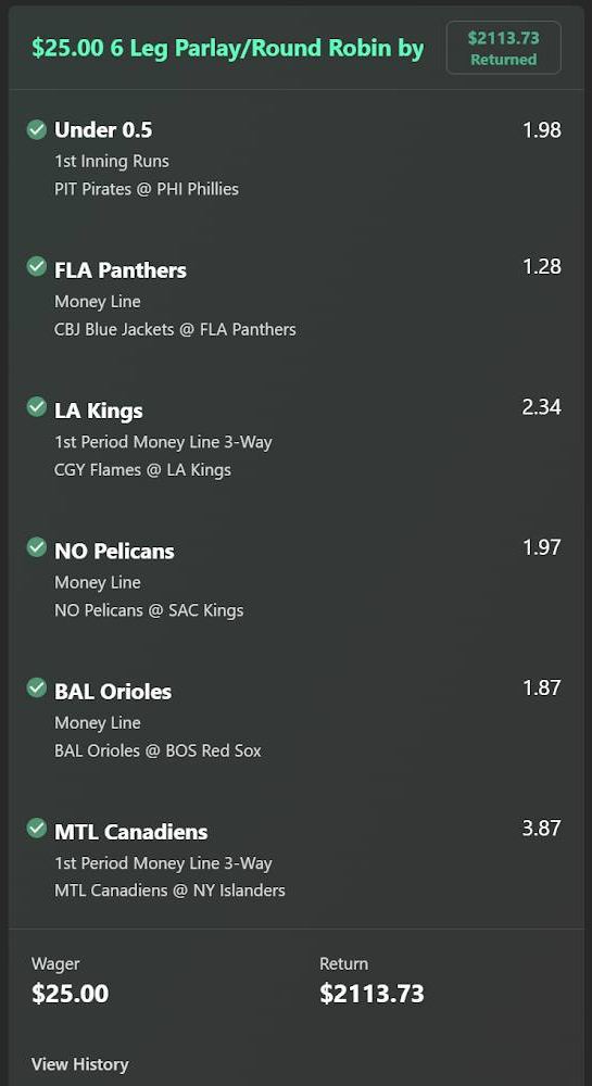 bet365 bet slip, $25 returned $2,113.73
