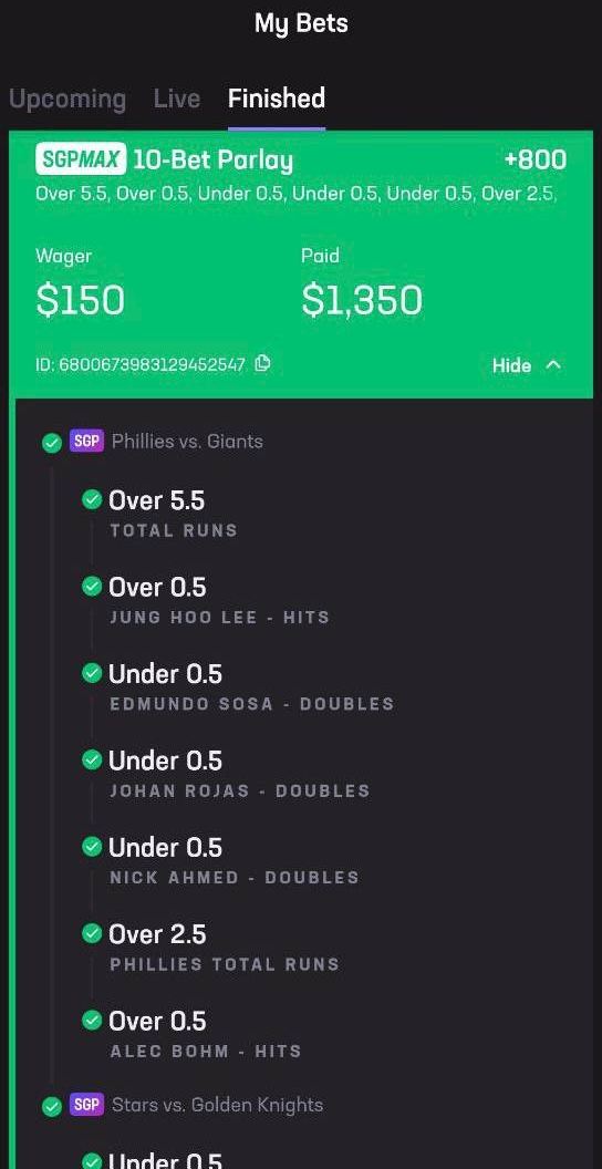 Hard Rock Bet bet slip, $150 returned $1,350