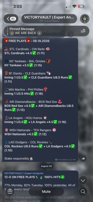 The Victory Vault channel: free plays for
        19 August 2026, all eight tickets marked won
